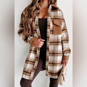 Plaid Shacket with Sherpa Contrast (brown & cream)